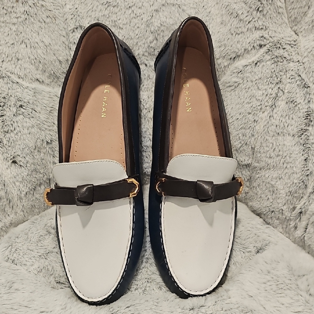Cole Haan Women's Black and White Loafers with Gold Accent